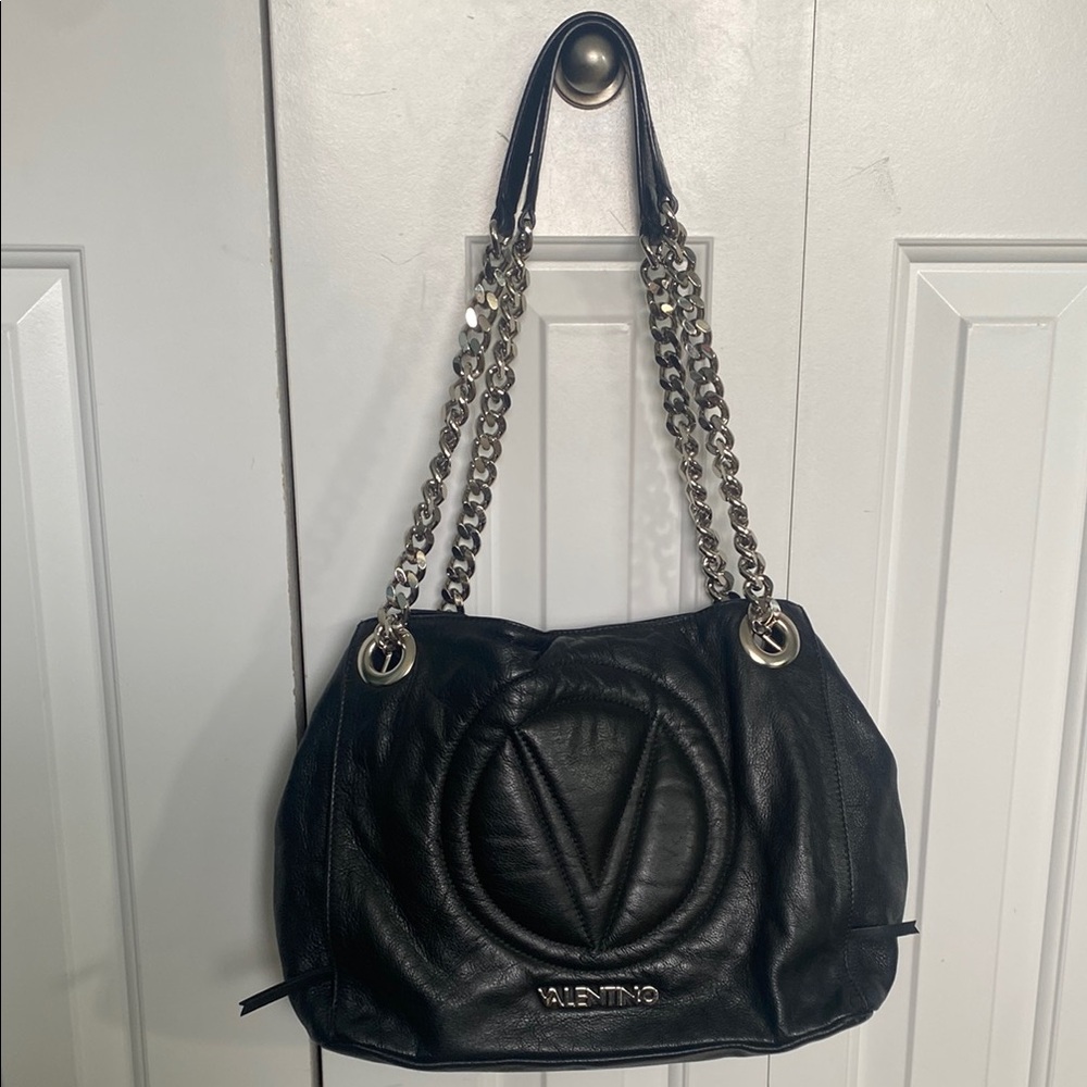 Beautiful Authentic Valentino Genuine Leather Black & Silver Chain Shoulder Bag